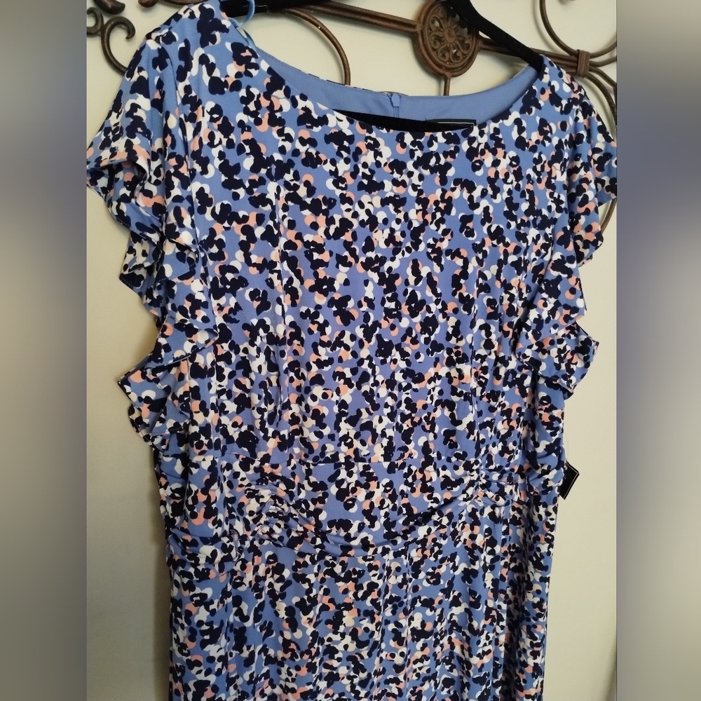 Jessica Howard Ruffle Dress 20W Lined Cap Sleeve BNWT Blue Pattern